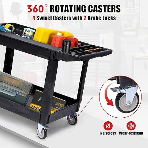 2-Shelf Heavy Duty PP Service Cart with 360° Swivel Wheels, 550LBS Load Capacity, Large Shelf, Storage Handle, Rolling Utility Cart for Warehouse, Garage, Cleaning, Medium Size