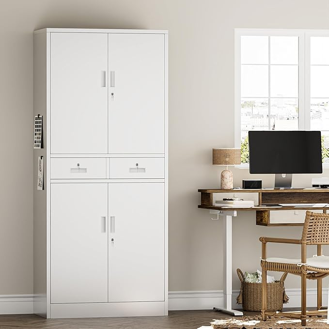 Metal Storage Cabinet with 2 Drawers 71" H,White Metal Garage Cabinets with 2 Lockable Doors and Adjustable Shelves Easy to Assemble for Home Office, Kitchen,Pantry,Garage,Warehouse