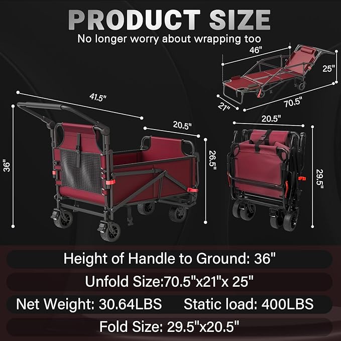 LEVELEVE Heavy Duty Folding Wagon - 2-in-1 Collapsible Cart, 400lb Capacity, All-Terrain Wheels w/Brakes & Side Pockets