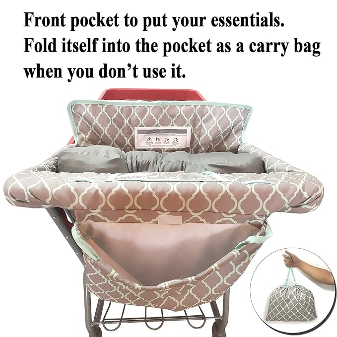 2-in-1 Shopping Cart and High Chair Cover for Baby, Padded Cover, Fold'n Roll Style, Portable with Carry Bag (Gray Grid)