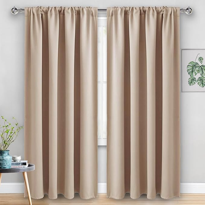 JIUZHEN Blackout Curtains for Bedroom - 60 Inch Wide Thermal Insulated Room Darkening Privacy Soundproof Curtains for Living Room, Set of 2 Panels with Tiebacks, 60 x 84 inches, Beige