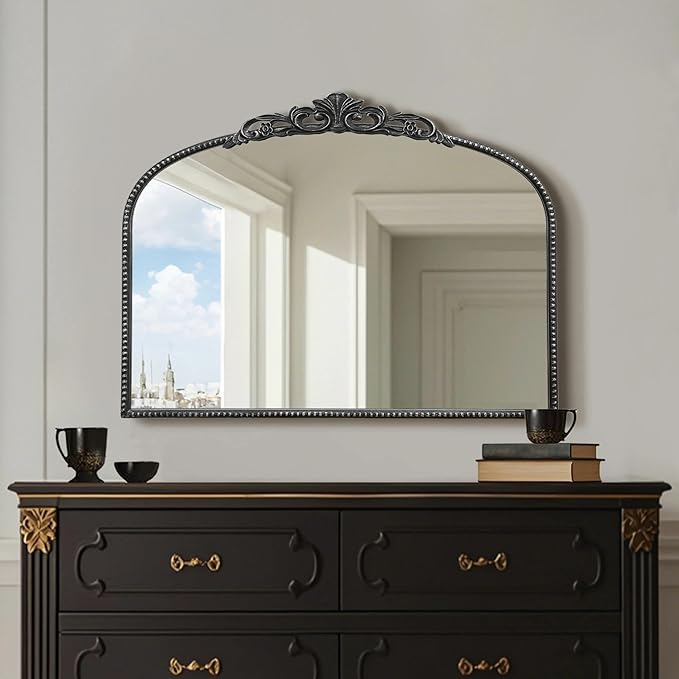 Micasso Large Vintage Black Mirror: 40" x 30" French Baroque Antique Mirror - Traditional Ornate Decorative Arched Mirrors for Wall/Bathroom/Entryway/Fireplace/Hallway - Home Decor for Living Room