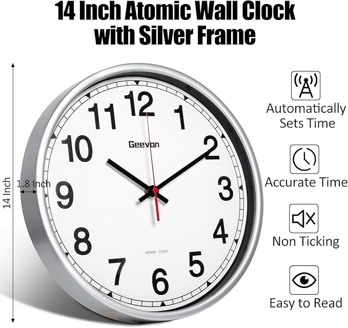 Geevon 14 Inch Atomic Wall Clock - Self-Setting Analog Clock with Automatic Time Sync - Battery Operated for Home Office School - Silver Frame