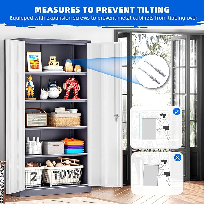 INTERGREAT Storage Cabinet with Doors and Shelves, Metal Garage Storage Cabinets with Lock, Black Lockable Steel Supply Cabinet for Home Office, Warehouse (Grey White)