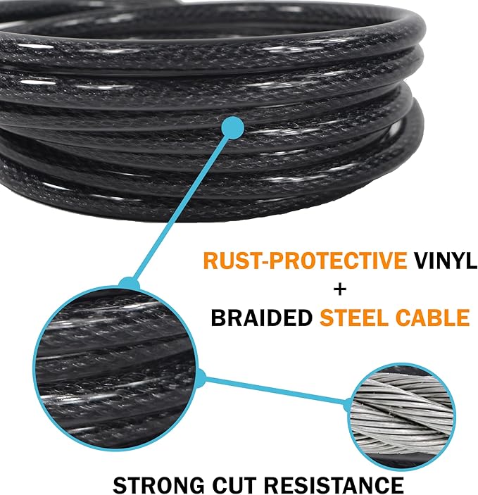 Lumintrail 12mm (1/2 inch) Heavy-Duty Security Cable, Vinyl Coated Braided Steel with Sealed Looped Ends (4', 7', 10', 15' or 30') (7-FT)