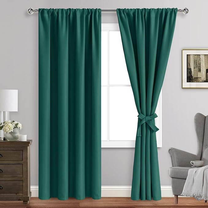 JIUZHEN Christmas Blackout Curtains for Bedroom - Thermal Insulated Room Darkening Rod Pocket Curtains for Living Room, Set of 2 Panels with Tiebacks, 42 x 84 Inch Length, Forest Green