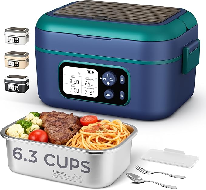 Dravel Cordless Heated Lunch Box for Men, 6.3 Cup 100W Electric Lunch Box Food Warmer with 24000mAh Battery for Self Heating, Including Cutlery, Insulated Bag and Divider for Women Adults(Blue+Green)