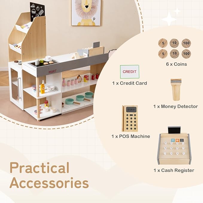 HONEY JOY Kids Grocery Store Playset, Wooden Grocery Store Pretend Play w/Cart, Cash Register Stand w/Coins, Chalkboard, Toddler Supermarket Play Toy for Boys Girls(Play Food Not Included)