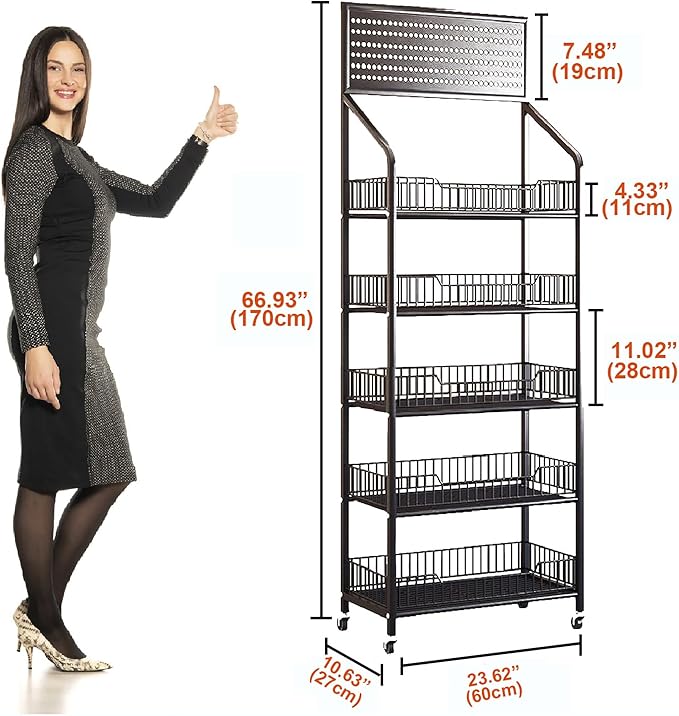 5 Tier Retail Display Rack, Metal Snack Rack with Wheels, 24inch Wide Chip Snack Display Stand with 15 Hooks for Kitchen Office Supermarket, Black