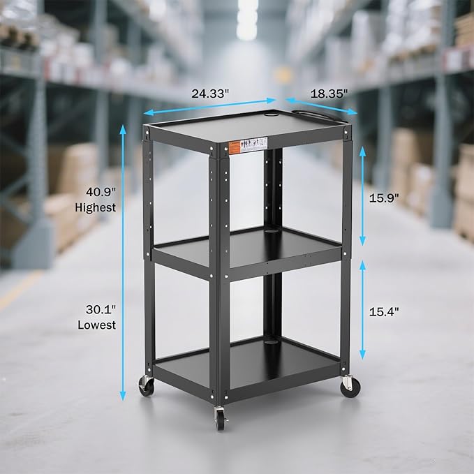 3 Shelf Metal Utility Cart with Wheels & Power Strip - Steel Mobile AV Cart for Video Projector, TV, Laptop, Computers, Printers - Height Adjustable Media Carts for Office Classroom Warehouse