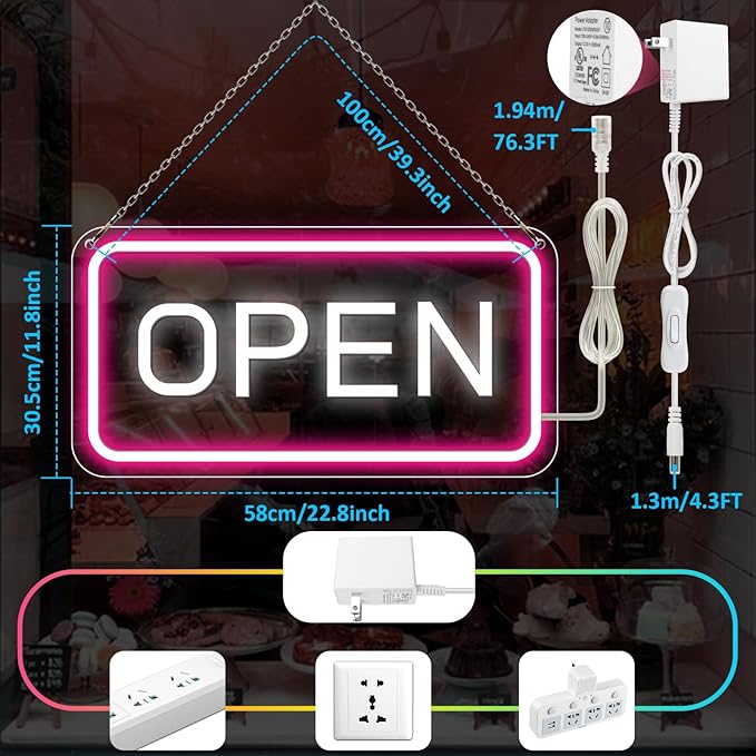 inShareplus 22.8"x 11.8" Open Sign, Super Bright Open Signs for Business, Neon Open Sign with ON/OFF Switch adapter, Electric Light up Sign for Stores, Restaurants Window (Pink&White Horizontal)
