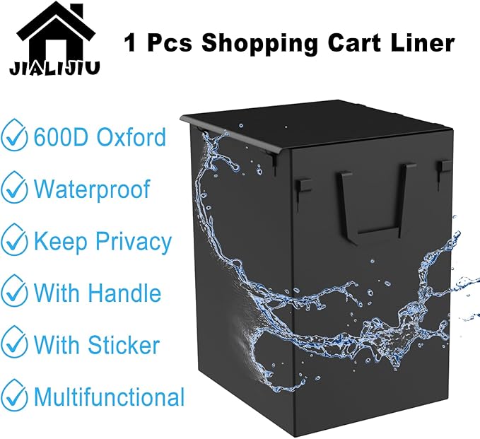 Shopping Cart Waterproof Linner, 17.5" H x 16" W x 23" H, Large 600D Oxford Bag for Small Items, Black Shopping Cart Bag with Colver and Handle