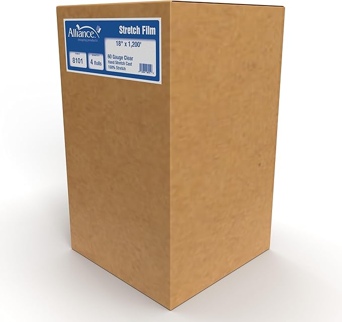 Alliance Stretch Film Hand Bundling - Clear, 18" x 1200ft, 60 Gauge, 4 Pack, Industrial Heavy Duty Shrink Wrap for Packing, Shipping, Pallet and Moving Supplies
