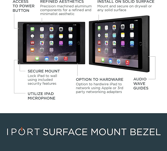 iPort 70808 Surface Mount System iPad Wall Mount – Slim & Secure iPad 10.2" (9th, 8th, 7th Gen) Enclosure | Built-in PoE Charging | Aluminum Flush Wall Dock for Smart Home & Commercial Use – Black