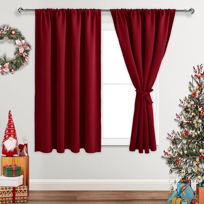 JIUZHEN Christmas Blackout Curtains for Bedroom - Thermal Insulated Room Darkening Noise Reducing, 52 x 45 Inch Length Curtains for Living Room, Set of 2 Panels with Tiebacks, Red