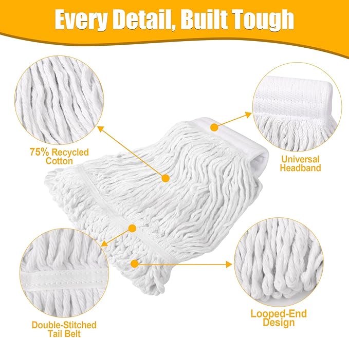 Commercial Mop Head Replacement - 2 Pack Heavy Duty Cotton Heads for Floor Cleaning - Washable Looped End String Mop Refill for Home Kitchen Industrial