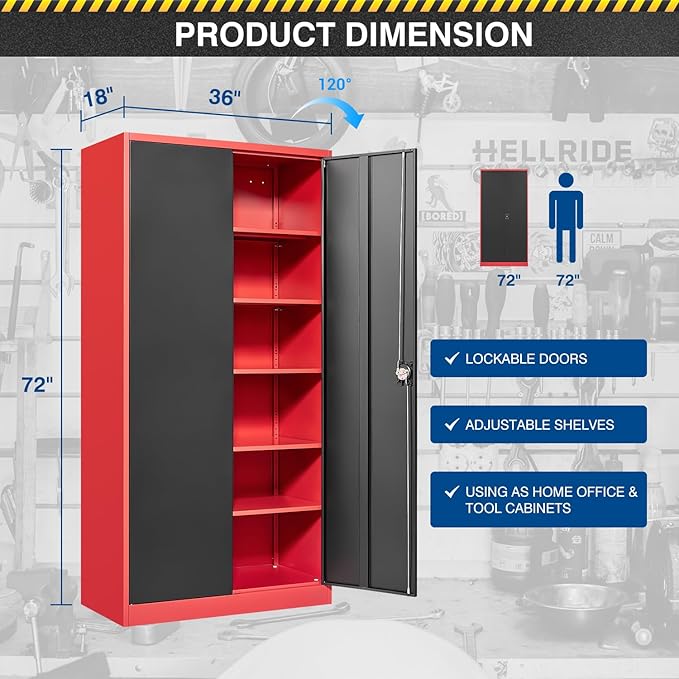 Metal Storage Cabinet-72” Tall Steel File Cabinets with Lockable Doors and Adjustable Shelves-Black&Red Steel Storage Cabinet for Kitchen, Office, Garage