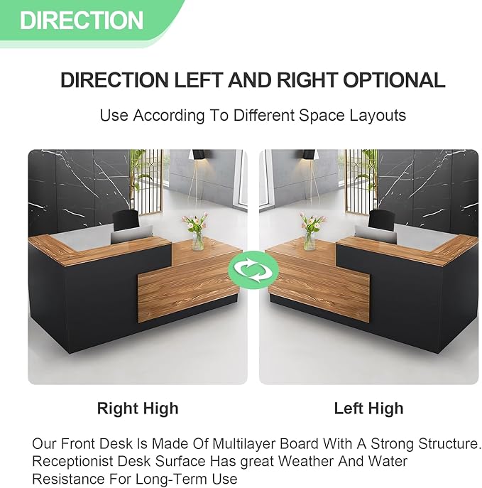 L Shaped Reception Desk with Lockable Drawer and Cable Grommets Front Desk Retail Checkout Counter Table for Salon Lobby Shop Office Reception Room Wood and Black Right 71inch/180cm