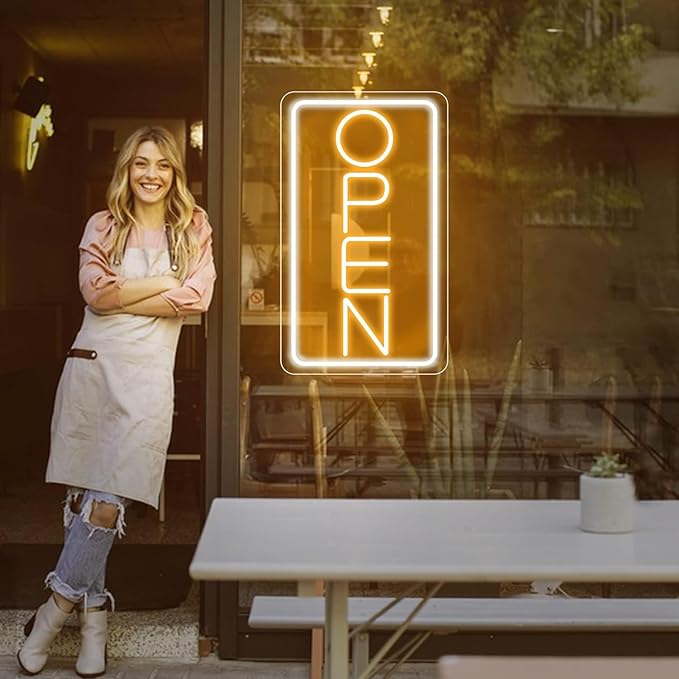 Open Signs for Business Ultra Bright LED Neon Open Signs for Business Storefront Window Glass Door Shop Store Florists Bar Salon Pubs with ON/OFF Switch (White/Yellow -Vertical, 32 Inch)