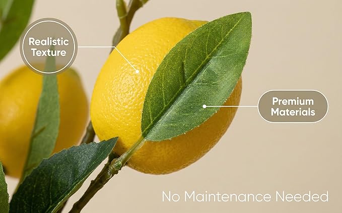 24 Inch Artificial Lemon Branches -5 Pieces Set of Realistic Fake Lemon Tree Stems and Fruits for Kitchen, Farmhouse, and Home Decoration
