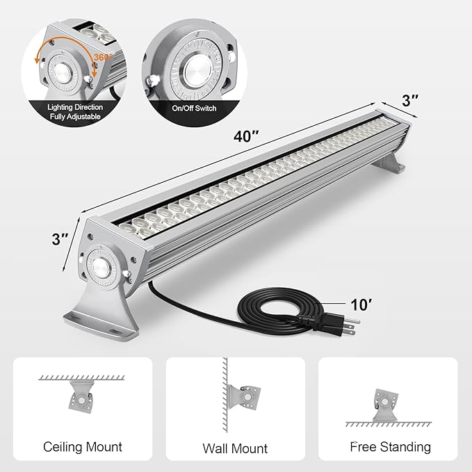LED Work Light Bar, 80W 7200lm 5700K 40in Linear Shop Lights 35°Beam Angle Spotlight with On/Off Switch, Adjustable Bracket for Workbench, Billiard Table, Warehouse, Garage, Shop, Factory (Silver)
