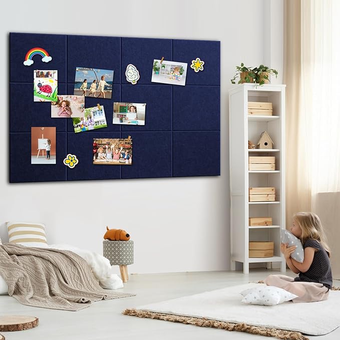 Large Cork Board 48" x 36" - Blue Bulletin Board for Walls - 12 Pack Felt Wall Tiles with 60 Pcs Safe Removable Adhesive Tabs & 40 Pcs Pushpins - for Office, School & Dart Wall Protector - Navy Blue