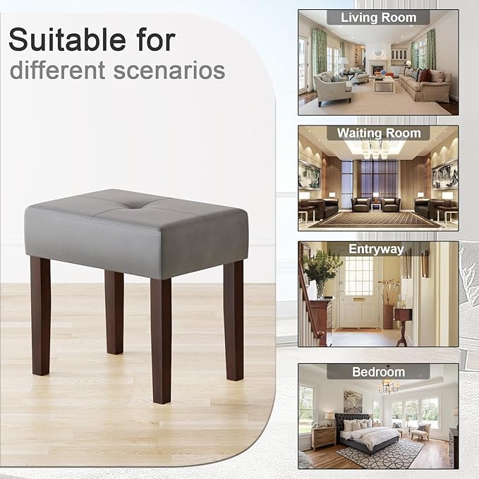 Two Leather Vanity Stool, 18.7 Inch Wide Rectangle Ottoman Bench for Makeup Room, A Set Vanity Chair with Wood Legs for Piano Room, Bedroom,Living Room with Customizable (Gray)