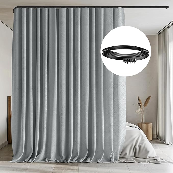Room Divider Curtains with Flexible Ceiling Tracks Set,Blackout Curtain Ceiling Mount Curtain Track Privacy Room Dividers Ceiling Track Curtain Rod(Grey Drape & Black Rail W 12.5 × H 9 FT)
