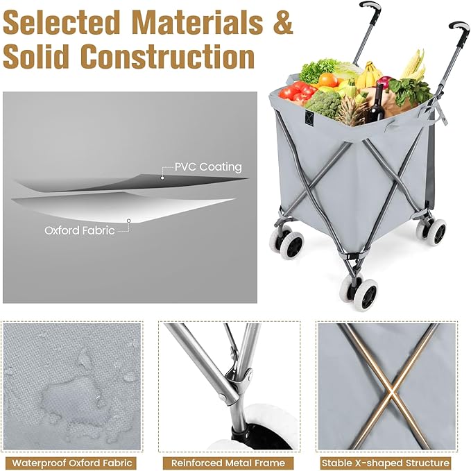 GOFLAME Folding Shopping Cart on Wheels, Waterproof Grocery Cart with Removable Cover and 360° Swiveling Wheels, Collapsible Utility Cart for Groceries and Laundry, 120LBS Load Capacity, Gray