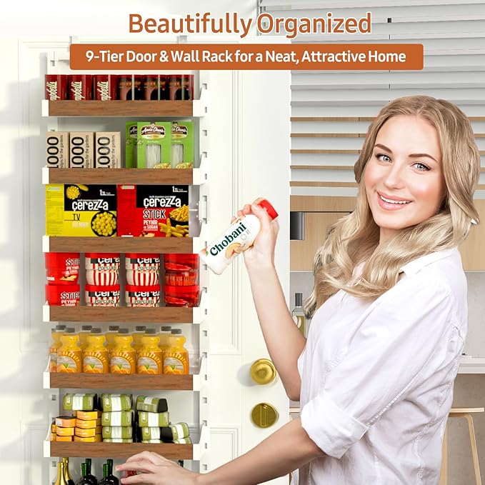 Over the Door Pantry Organizer: Pantry Organization and Storage with Hanging Basket - 9-Tier Metal Spice Rack Adjustable Shelves for Kitchen Bedroom Bathroom & Laundry Room White