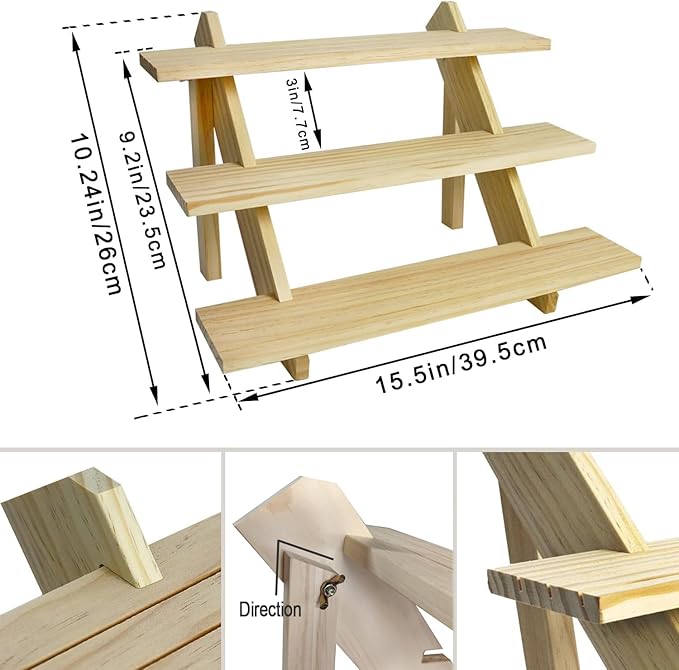 3 Tier Earring Display Stands For Selling, Retail Display Riser Earring, Ring Holder Stand, Removable Countertop Small Merchandise Display Stand, for Figures,Cupcake, Photo (Wood color)