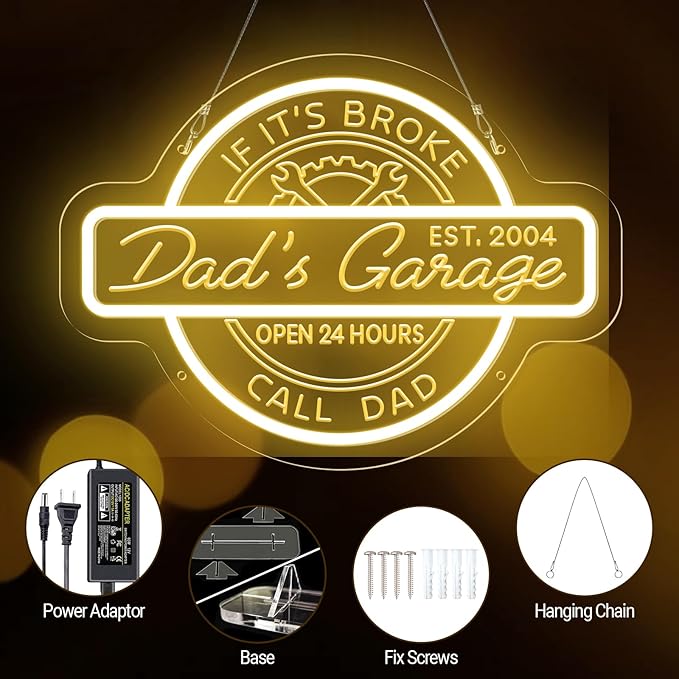 Custom Neon Garage Sign, Personalized Father's Day Gifts, Garage LED Neon Light For Man Cave Decor, Multiple Mounting Ways, Dimmable Neon Garage Name Sign For Men, Dad