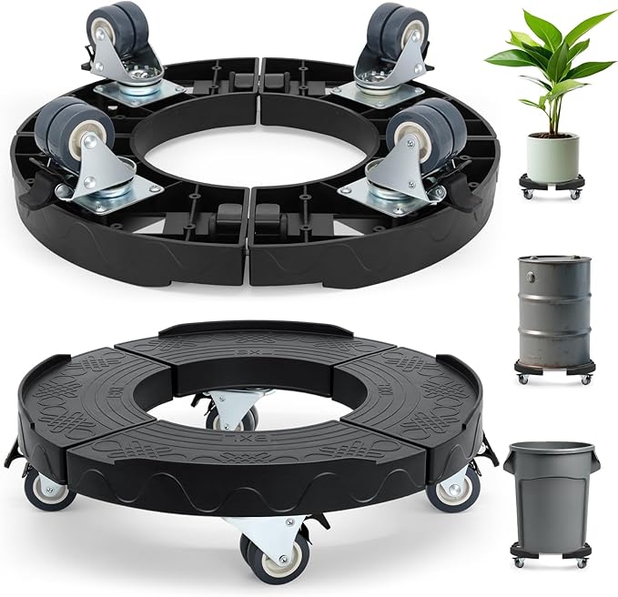 Trash Can Dolly Wheels, Adjustable 15-19 Inch Round Roller with Locking Wheels 440 LBS Heavy Duty Drum Cart Multi Function Rolling Dollies Stand Plant Caddy(2 Packs, Black)