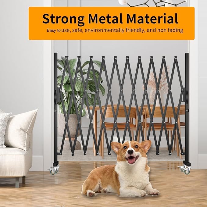 Expandable Barricade Gate,129” Safety Metal Dog Gate with Casters,Accordion Garden Yard Indoor Outdoor Retractable Fence Folding Security Dog Gates Wall Mount,Black