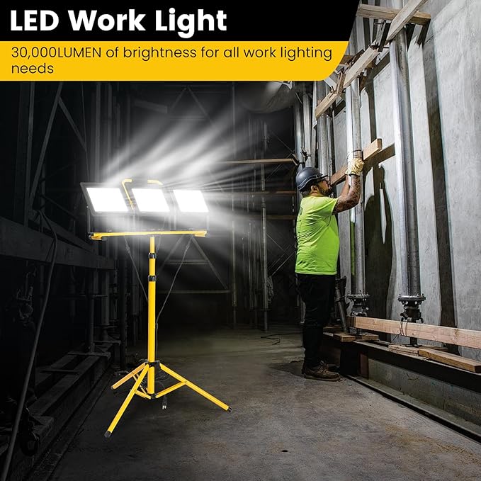 30000 Lumen Super Bright Portable Heavy Duty LED Work Light with Foldable Tripod Stand 16.4FT Cord, Waterproof 3 Head Adjustable 100W Large Job Site Lighting Worklight for Construction Workshop Garage