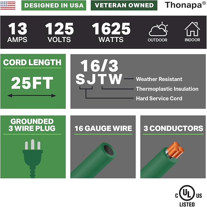 13 Amp Outdoor Extension Cord 25 ft, 16/3 SJTW 25ft Green Extension Cord 3 Prong, Weatherproof for Outdoor Lights, Landscaping & Lawn - US Veteran Owned