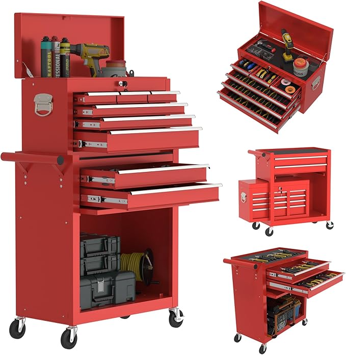 8-Drawers Large Tool Chest, 2-in-1 Detachable Garage Rolling Tool Box Metal Tool Storage Cabinet Removable Lockable Tool Cart with Wheels and Drawers