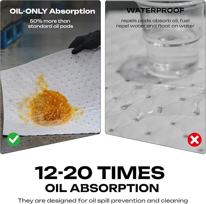 Oil Absorbent Pads Roll | 16"x20" Oil-Only Spill Mat 100-Pack | Industrial Spill Control for Oil & Fuel(24 Gal/Box) | Repels Water Absorbing Rolls