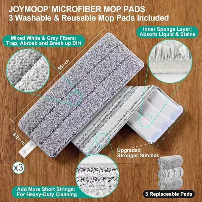 JOYMOOP 8L Large Capacity Flat Mop System (Light Green) with Extension Handle, Ideal for Floor, Window, and Wall Cleaning - Includes 3 Washable Microfiber Pads for Wet and Dry Use