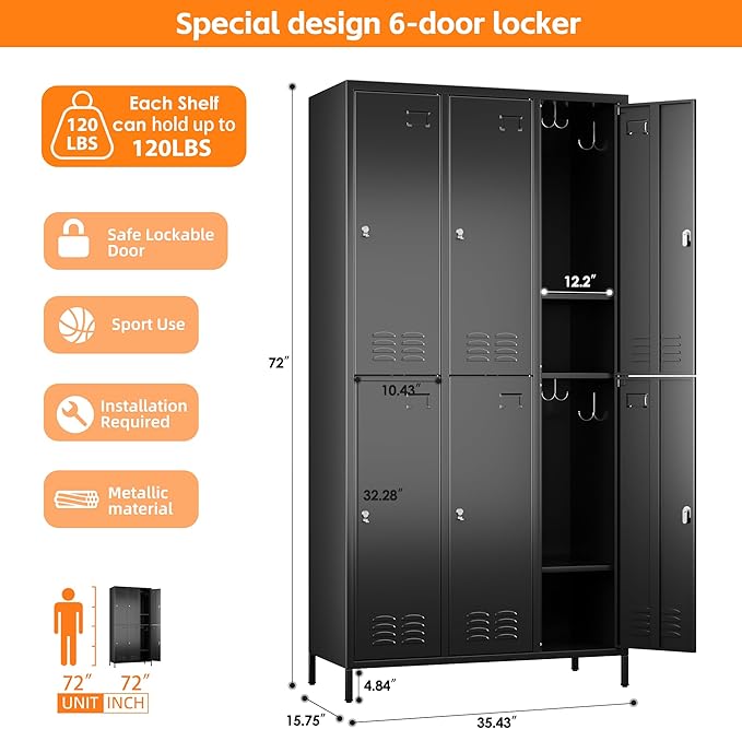Aobabo Upgrade Metal Storage Locker for Employees, 6 Doors Steel Storage Locker with 18 Hooks for Office Gym School, Industrial Storage with 6 Shelves, Assembly Required, Black