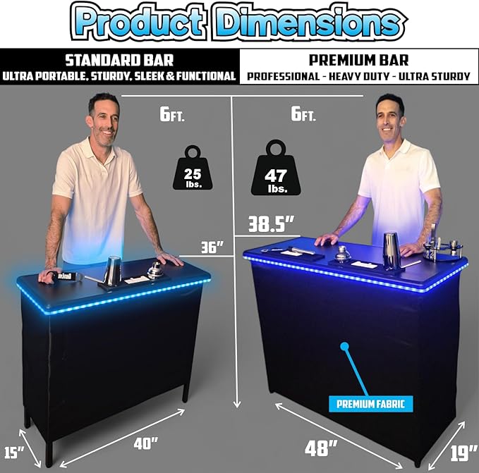 PartyLife Premium Portable Bar Table w/LED Lights, Wireless Remote, Folding Legs, Black Fabric Bar Skirt, 2 Storage Shelves & 2 Carrying Bags | Commercial Grade | Strong & Sturdy - White