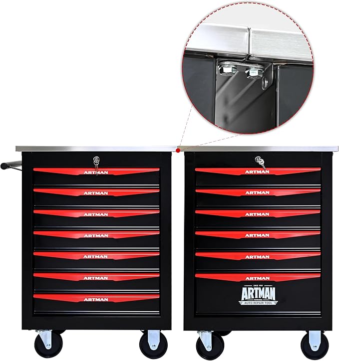 7 Drawer Rolling Tool Chest with Locker, 22.2" D Metal Movable Lockable Tool Cart Box Multi-Functional Hardware Storage Cabinet Box for Warehouse Basement Home Pantry Garage
