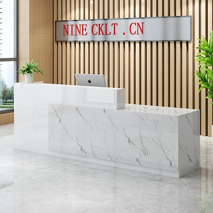 PLMOKN Wood Reception Desk Marble Stone with Checkout Retail Counter L Shaped Modern Mostrador para Negocio Office Desk Closed Front with Storage Drawers for Barber,Salon,Clothing Store
