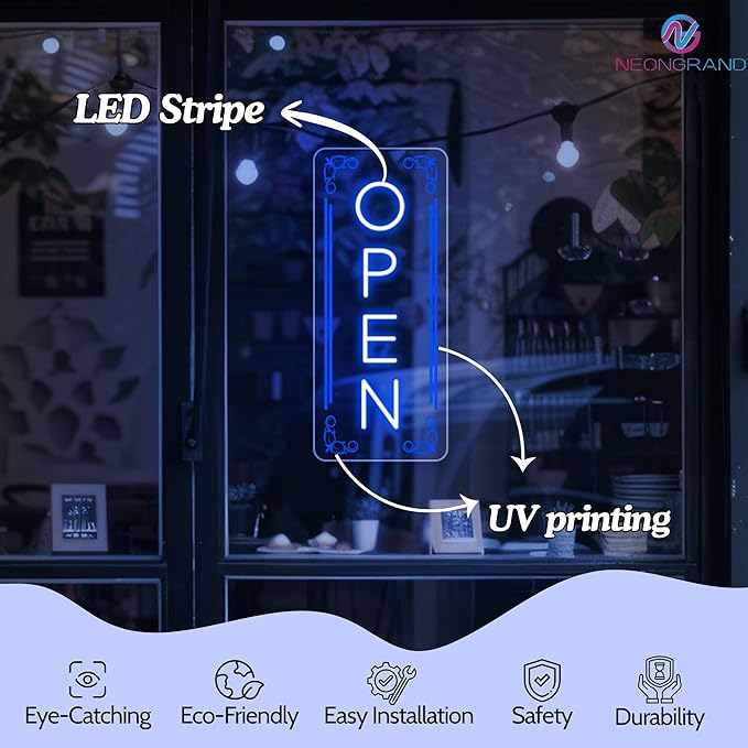 Vertical LED Open Signs for business – Super Bright - UV Printing Pattern, Remote Included - Large Size 14x35'' - Neon Open Sign for Café, Bar, Shop & Business Sign (Blue)