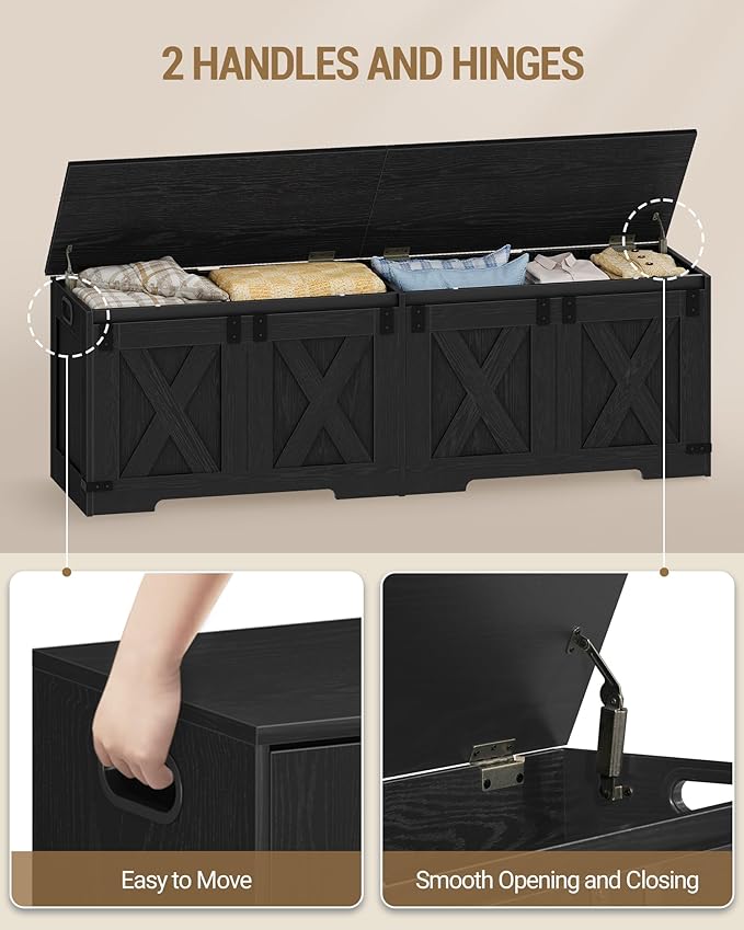 59" Storage Chest, Large Storage Trunk with 2 Hinges, Farmhouse Wooden Box Bench, Lift-Top Organizer Chest, Entryway Trunk for Bedroom, Living Room, Black SB15004X