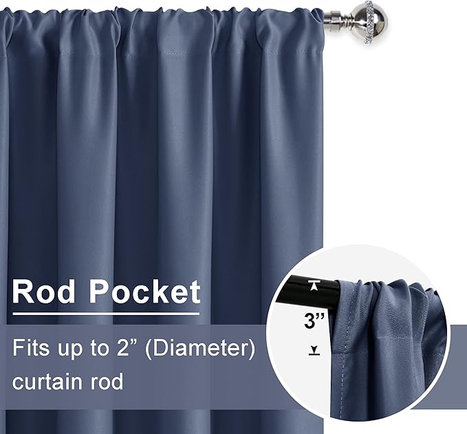 JIUZHEN Blackout Curtains for Bedroom - Thermal Insulated Room Darkening Rod Pocket Curtains for Living Room, Set of 2 Panels with Tiebacks, 38 x 84 Inch Length, Dusty Blue
