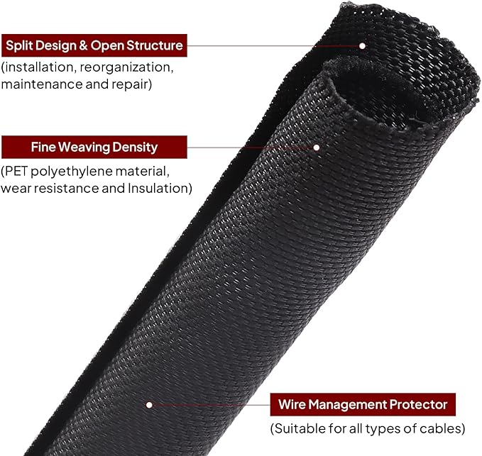 Black Braided Cable Management Sleeves Wire Loom Tubing Cord Protector Self-Wrapping (3/8"-30Feet)