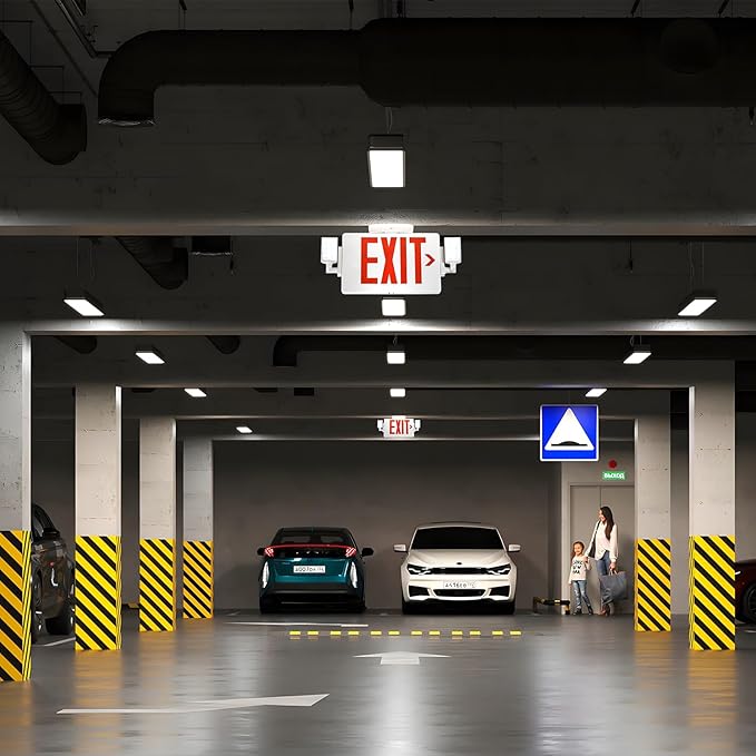 Gruenlich LED Combo Exit Sign, Emergency Light with 2 Adjustable Heads and Double Face, Back Up Batteries- US Standard Red Letter EXIT, UL 924 Qualified, 120-277 Voltage, 4-Pack