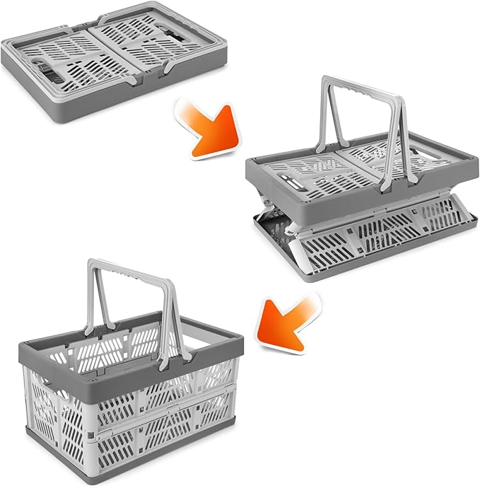 Domiella 2-Pack Foldable Storage Baskets, Collapsible PP Crates with Handles - 20L Capacity, Strong and Portable for Home Organization, Picnic and Shopping, Grey