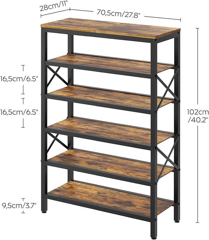 6-Tier Tall Shoe Rack Organizer, Wooden Shoe Storage for Closet Holds 24 Pairs, Sturdy Shoe Shelf with X-Shaped Metal Support, for Entryway, Bedroom, Rustic Brown and Black SS206BR